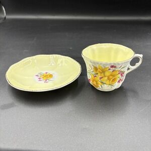 Vintage Royal Grafton Tea & Saucer, Butter Yellow  Daffodils Gold Bone China
